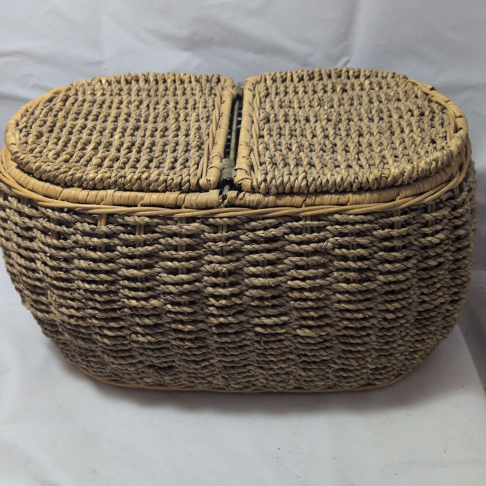 12" Vintage Double Sided Woven Basket, Oval Boho Seagrass Tabletop Caddy